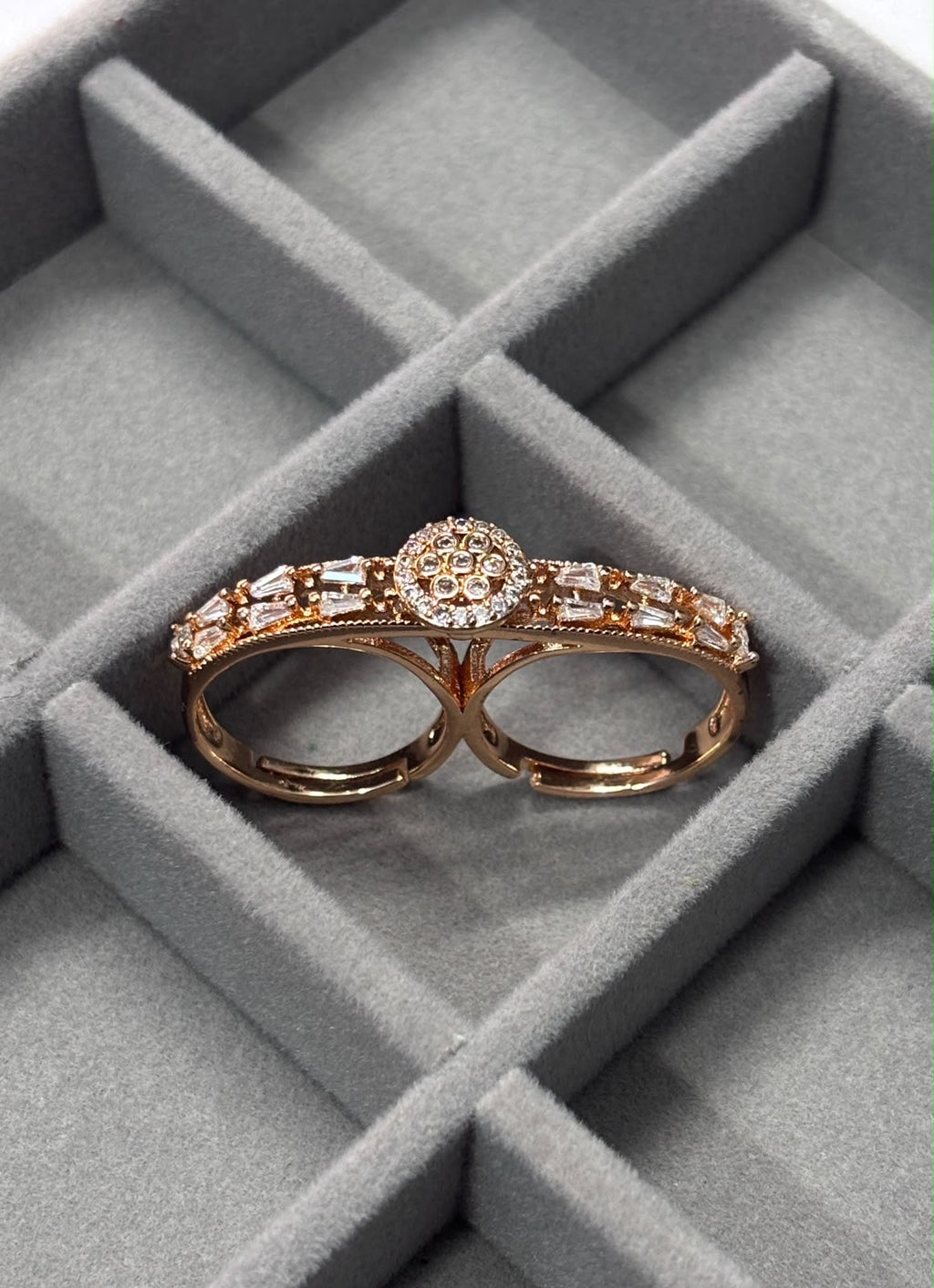 Elegant Rose Gold Crystal Double Finger Ring