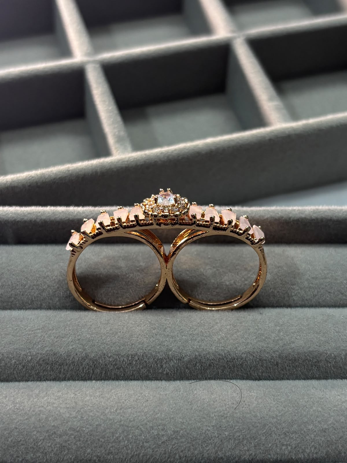 Rose Gold Pink Crystal Double Finger Ring for Women