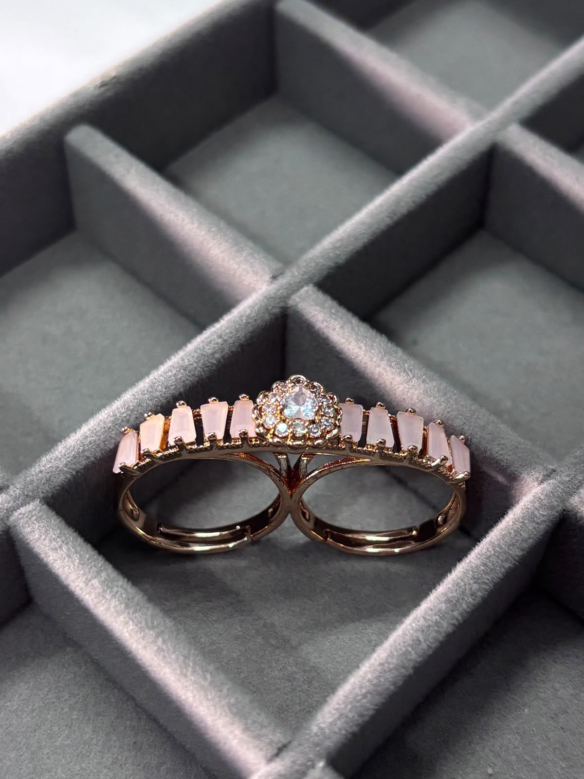 Rose Gold Pink Crystal Double Finger Ring for Women