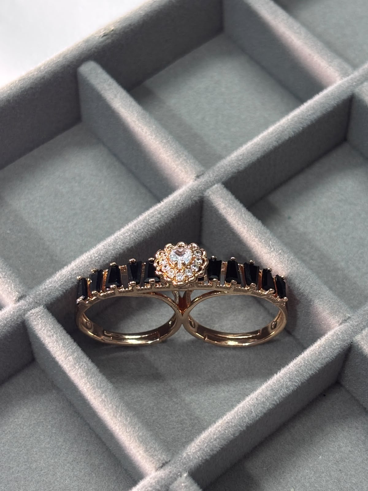 Black & Rose Gold Crystal Double Finger Ring for Women |