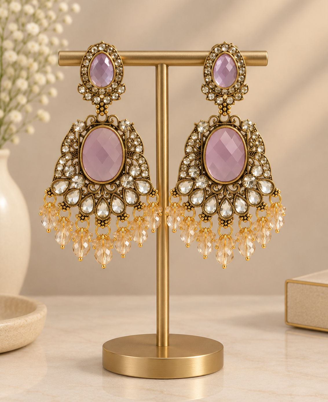 Pink Quartz Kundan Statement Chandbali Earrings