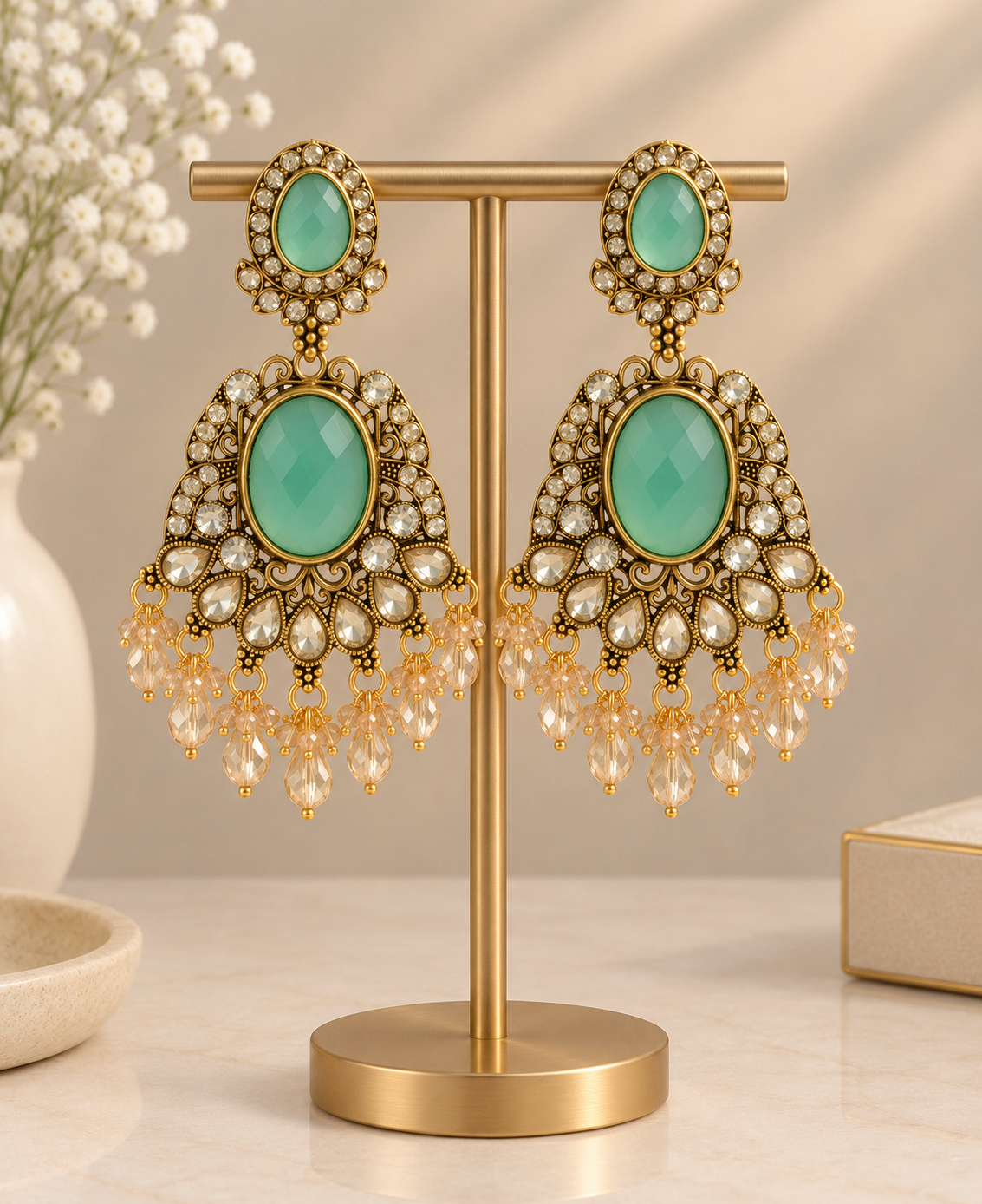 Royal Mint Green Kundan Chandbali Earrings