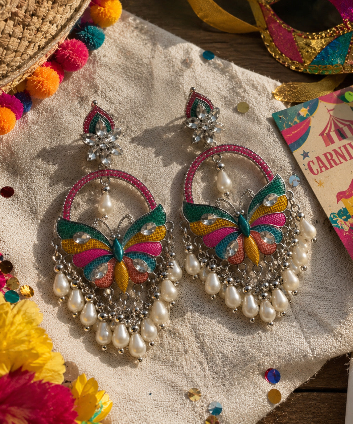 Multicolor Butterfly Pearl Drop Earrings 🦋✨