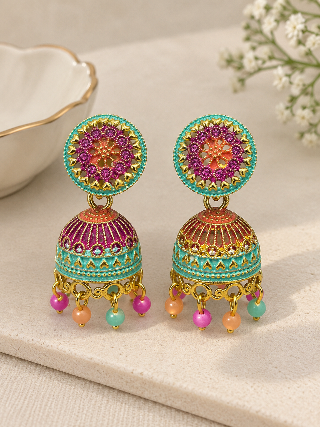 Royal Multicolor Meenakari Jhumka Earrings (Pack of 6)