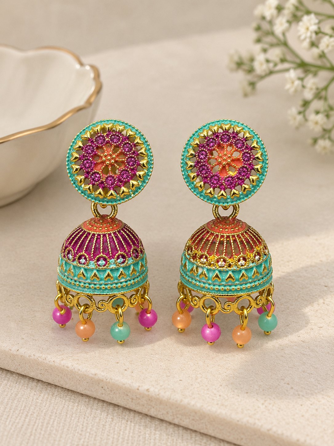 Royal Multicolor Meenakari Jhumka Earrings (Pack of 6)