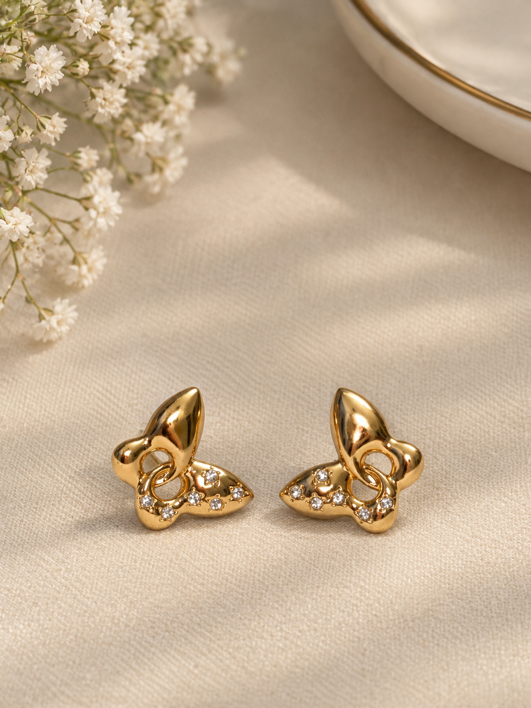 Golden Sculpted ButterflyCrystal Stud Earrings ✨