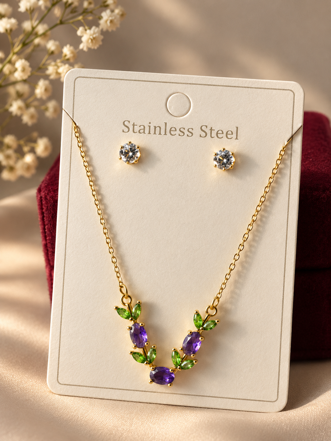 Emerald & Amethyst Floral Necklace & Stud Earrings Set 💚💜