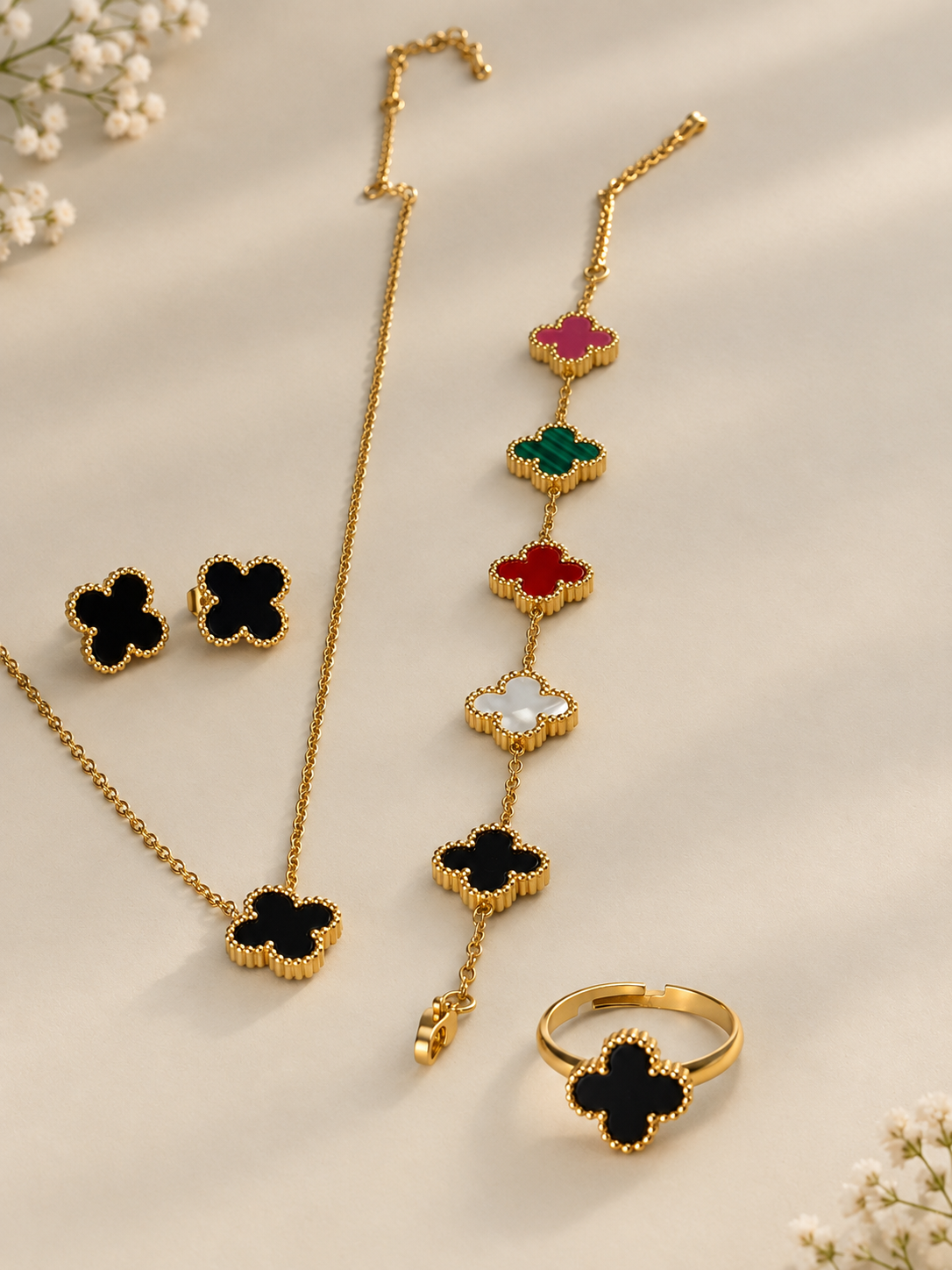 Luxe Multicolor Clover Jewellery Set ✨ (Ring, Necklace, Bracelet, Earrings)