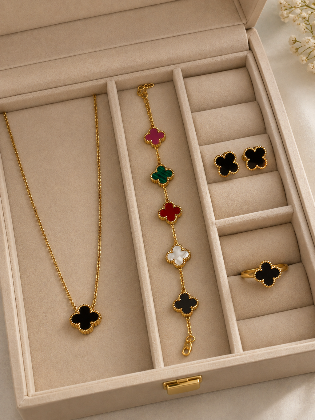Luxe Multicolor Clover Jewellery Set ✨ (Ring, Necklace, Bracelet, Earrings)