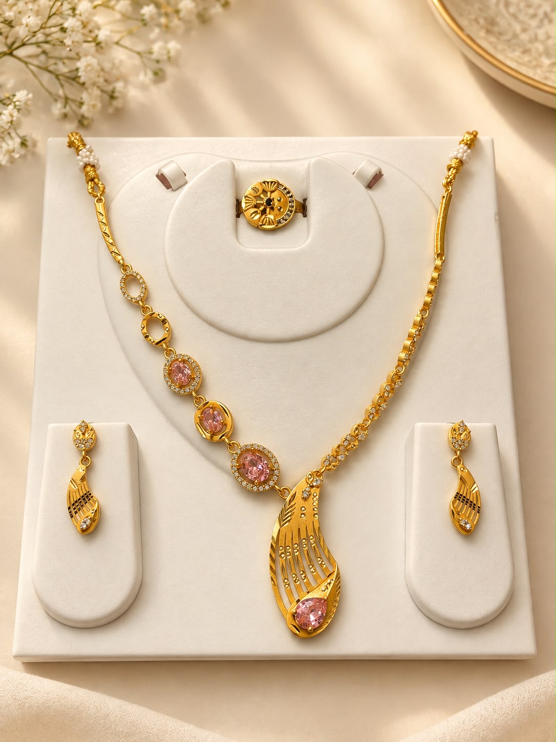 Gold-Plated Pink Stone Necklace, Earrings & Ring Jewellery Set | Elegant Party & Festive Wear