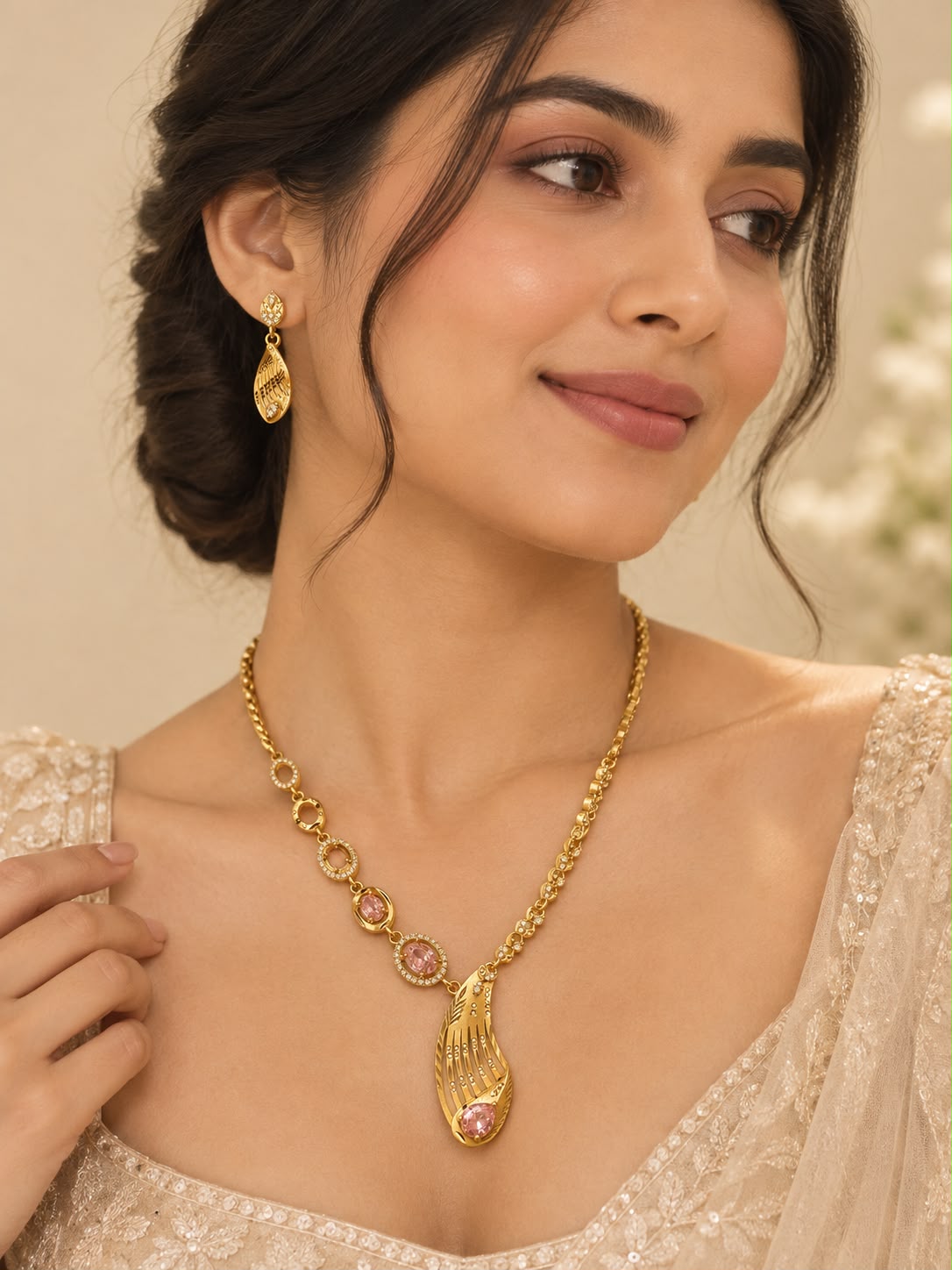 Gold-Plated Pink Stone Necklace, Earrings & Ring Jewellery Set | Elegant Party & Festive Wear