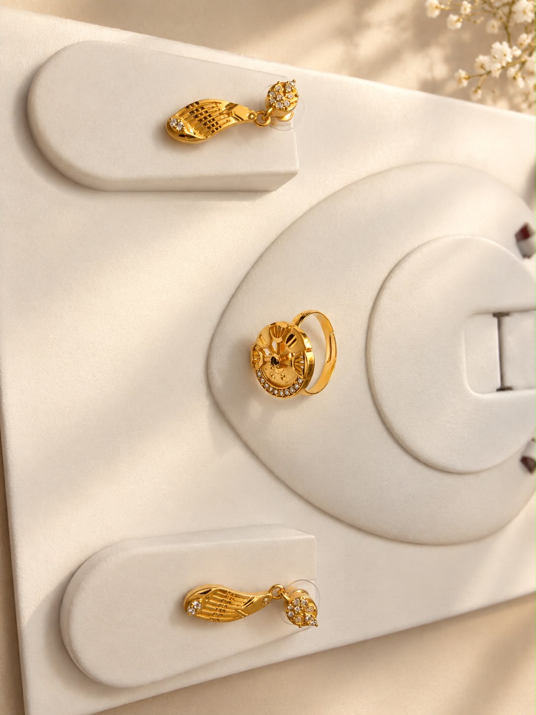 Gold-Plated Pink Stone Necklace, Earrings & Ring Jewellery Set | Elegant Party & Festive Wear