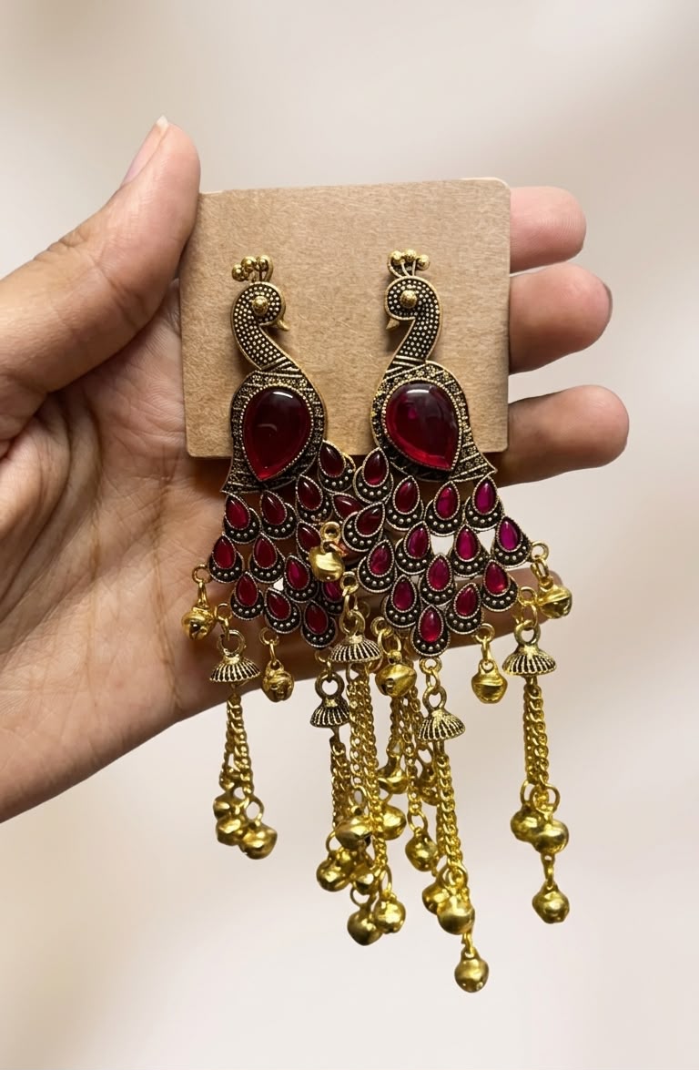 Antique Kashmiri Peacock Gold Statement Earrings with Stones and Hanging Ghungroo Chains