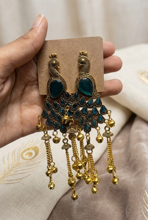 Antique Kashmiri Peacock Gold Statement Earrings with Stones and Hanging Ghungroo Chains