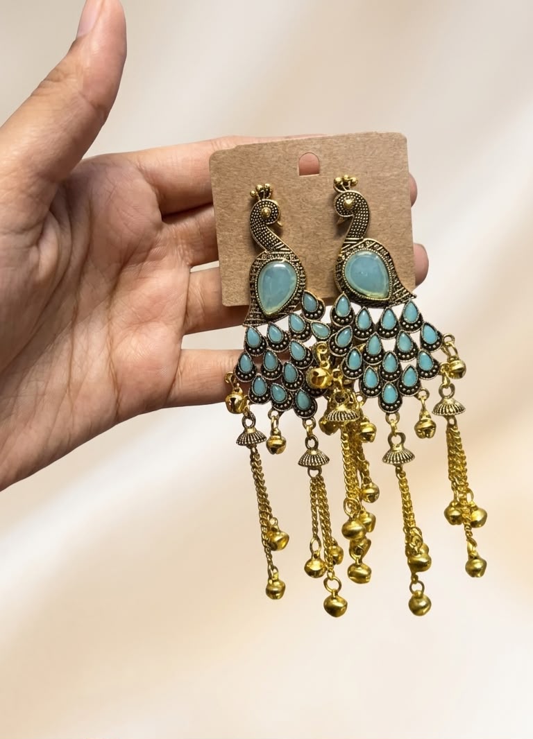 Antique Kashmiri Peacock Gold Statement Earrings with Stones and Hanging Ghungroo Chains
