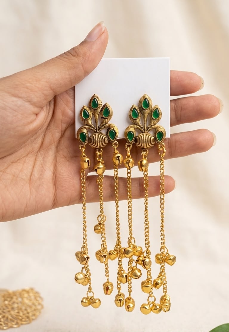 Antique Gold-Plated Kashmiri Long Chain Ghungroo Earrings with Stones