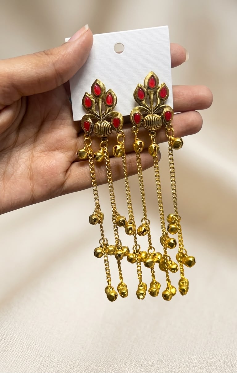 Antique Gold-Plated Kashmiri Long Chain Ghungroo Earrings with Stones
