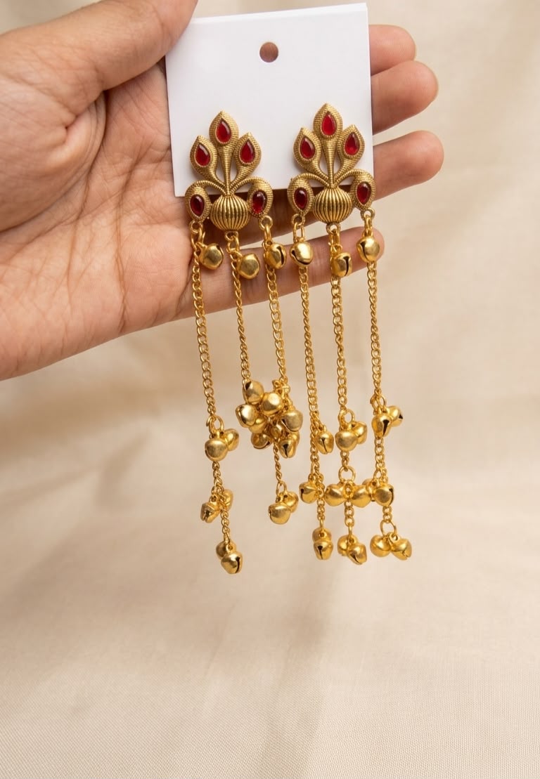 Antique Gold-Plated Kashmiri Long Chain Ghungroo Earrings with Stones