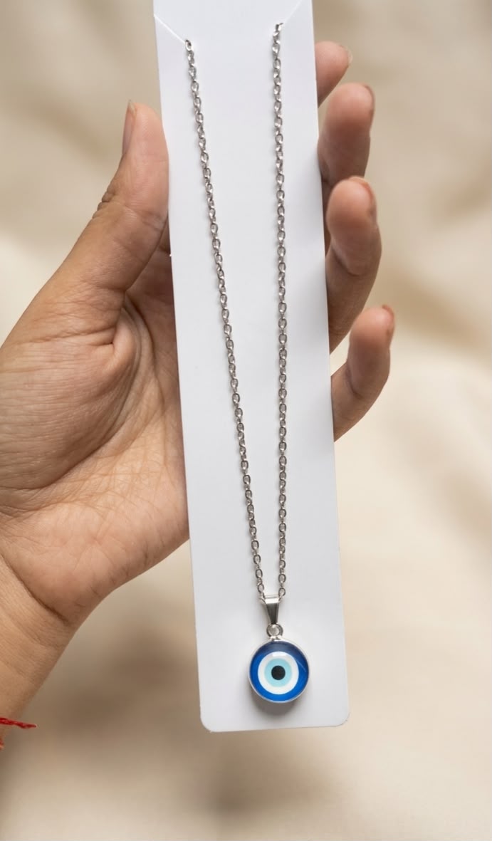 Classic Round Blue Evil Eye Pendant with Silver Chain