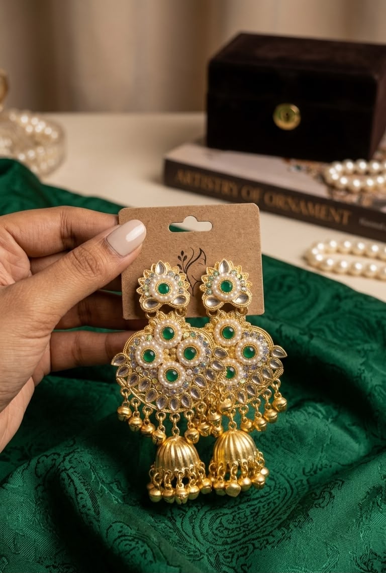Traditional Gold-Plated Kundan Jhumkas with Emerald Stones, Pearls, and Hanging Ghungroos