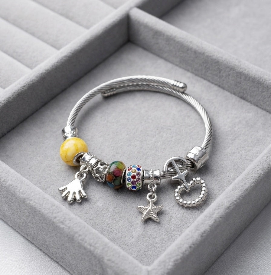 Silver-Tone Charm Bracelet with Colorful Beads & Cute Star, Heart and Hand Charms