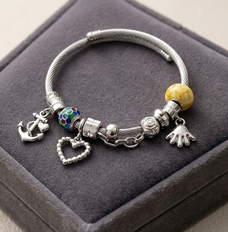 Silver-Tone Charm Bracelet with Colorful Beads & Cute Star, Heart and Hand Charms