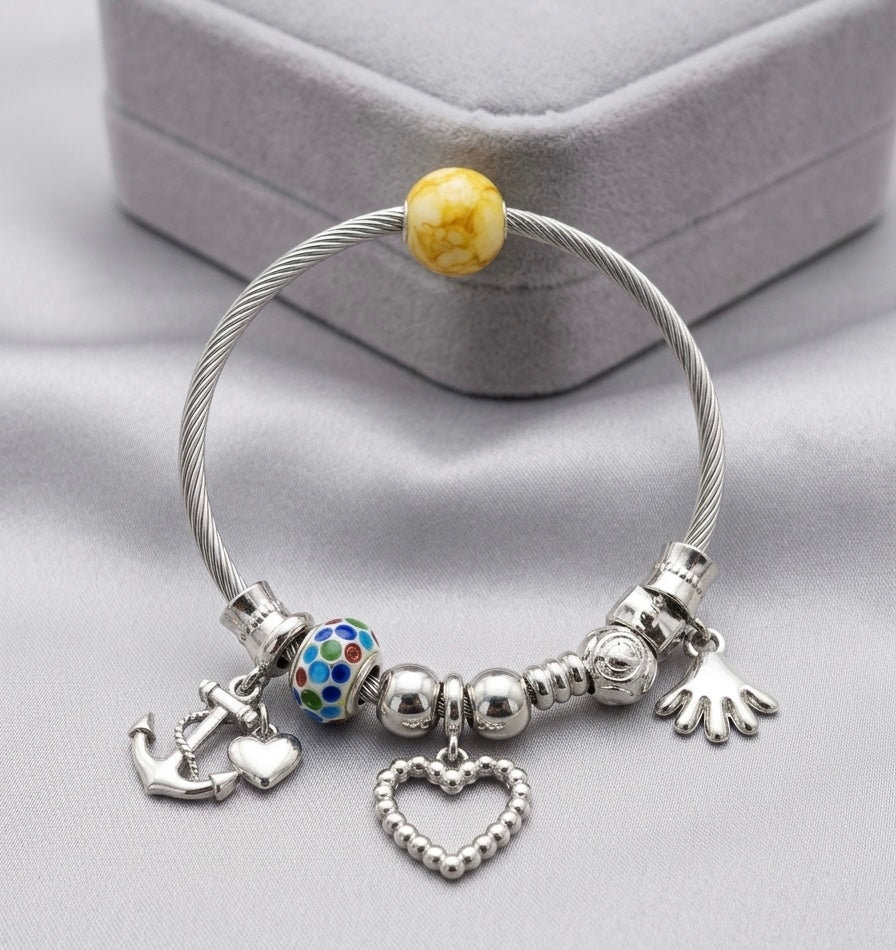 Silver-Tone Charm Bracelet with Colorful Beads & Cute Star, Heart and Hand Charms